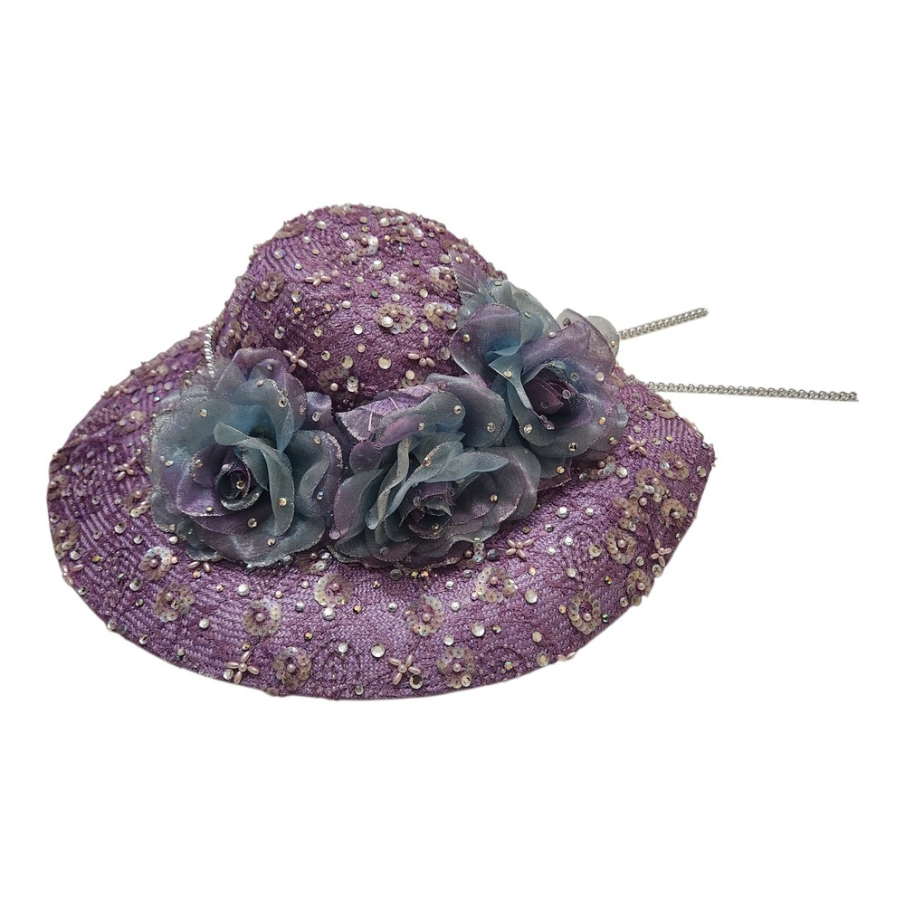 George Zamau'l Couture Purple Straw Sun Hatโ Floral Sequin Rhinestone Vintage
